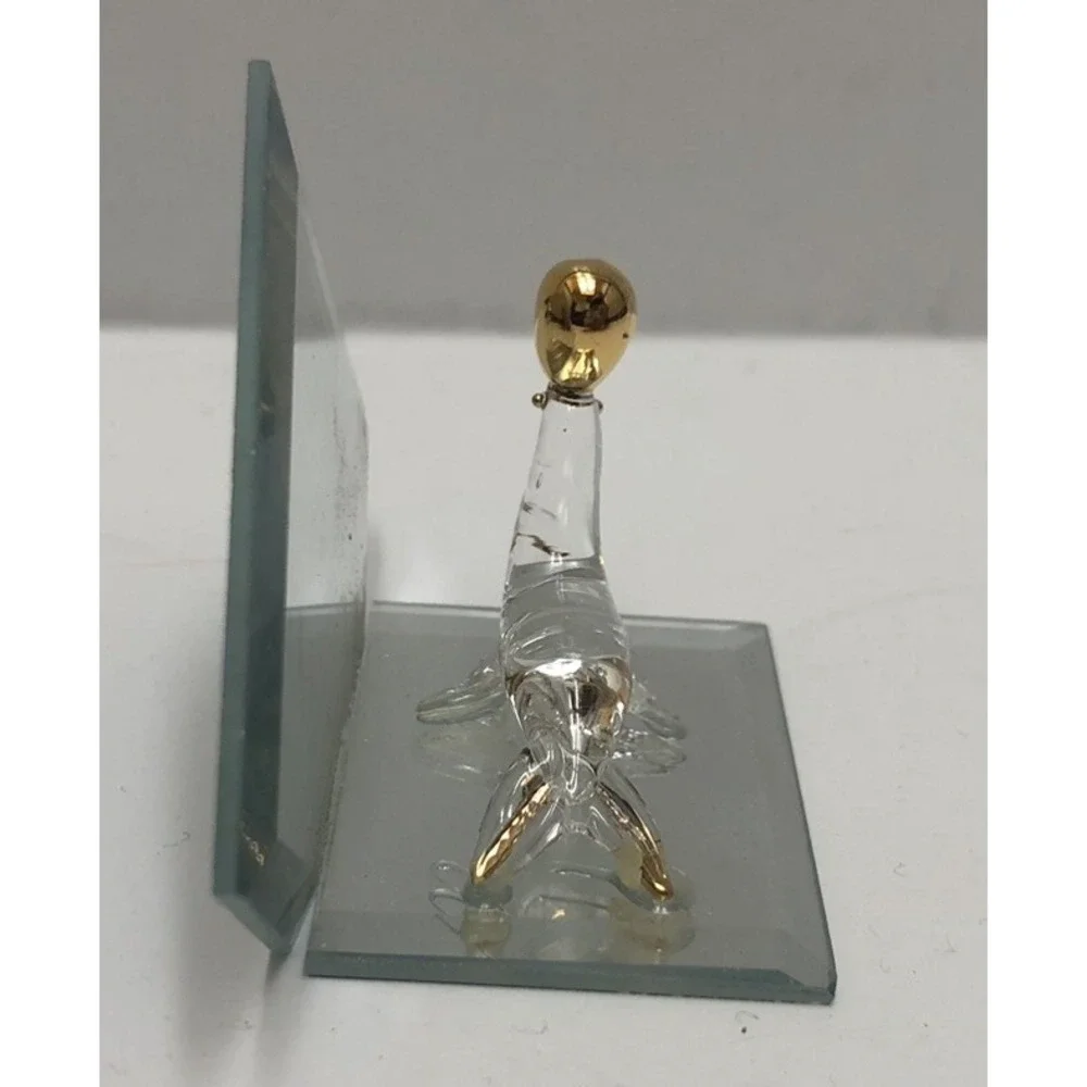 Glass Animal With Mirror Seal Mini Figure ‎ Clear/Gold 1.5x3